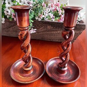 Vintage Barley Twist Faux Wood Candlesticks (pair) Made in Italy